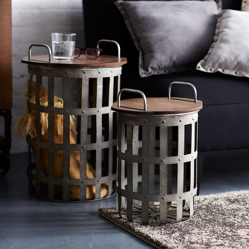 Melrose Metal/Wood Side Basket Tables, Set of 2, Grey/Brown