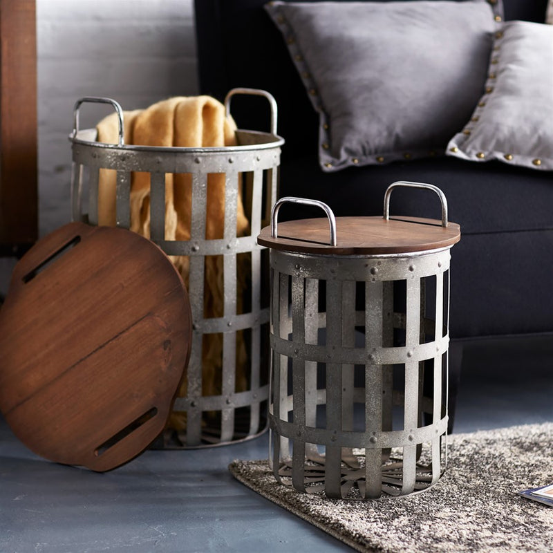 Melrose Metal/Wood Side Basket Tables, Set of 2, Grey/Brown