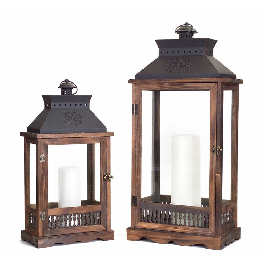Melrose International Ornate Wood/Metal Lantern, Set of 2, Brown/Black - 66815DS