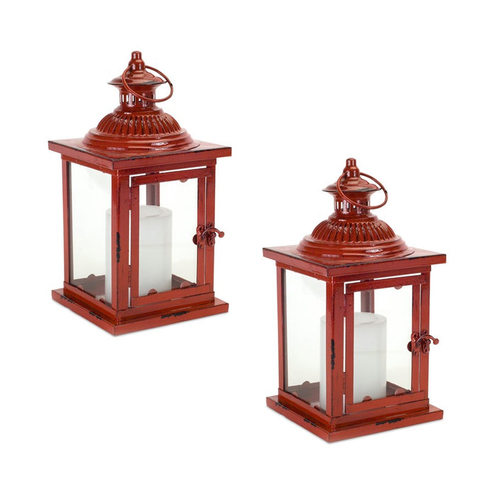 Melrose Antique Style Red Metal Lantern, Set of 2, Red/CleaRed - 68864DS