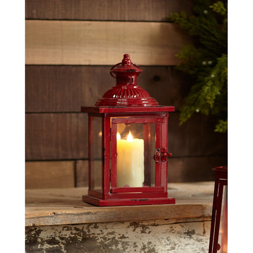Melrose Antique Style Red Metal Lantern, Set of 2, Red/CleaRed