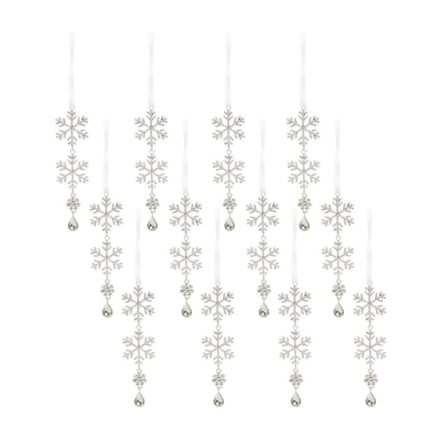 Melrose Jewel Tiered Snowflake Ornament Drop, Set of 12, Silver - 69184DS
