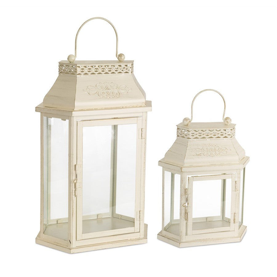 Melrose Ivory Metal Lantern/Embellished Lid, Set of 2, Beige/CleaRed - 69621DS