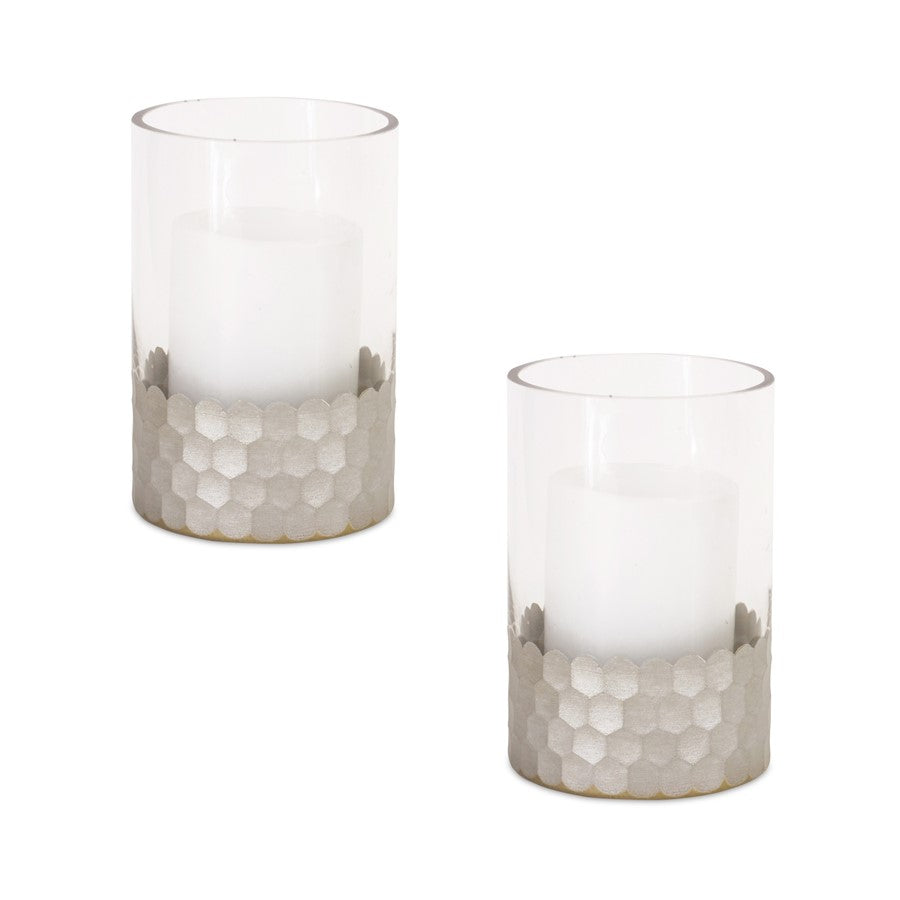 Melrose Hurricane Candle Holder/Honeycomb, Set of 2, Grey/CleaRed - 69637DS