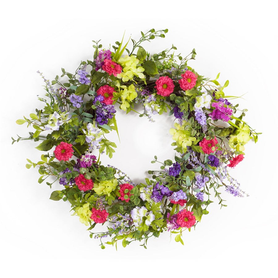 Melrose International Mixed Floral Wreath 24"D, Green/Pink - 70139DS