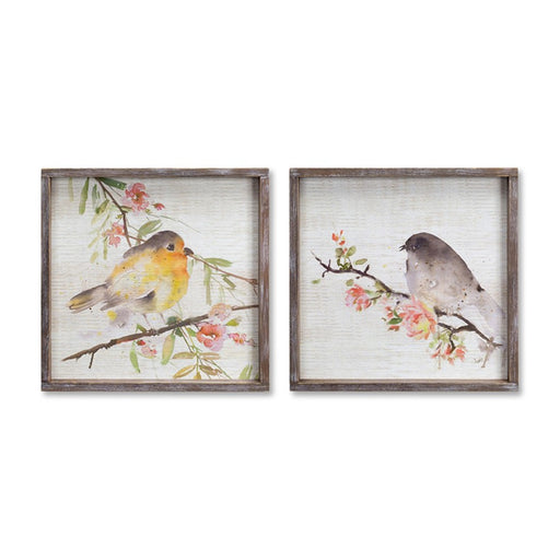 Melrose Wood Framed Watercolor Bird Plaque, Set of 2, Brown/White - 70158DS