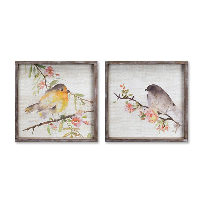 Melrose Wood Framed Watercolor Bird Plaque, Set of 2, Brown/White - 70158DS