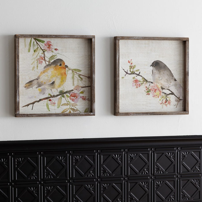 Melrose Wood Framed Watercolor Bird Plaque, Set of 2, Brown/White