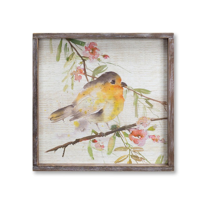 Melrose Wood Framed Watercolor Bird Plaque, Set of 2, Brown/White