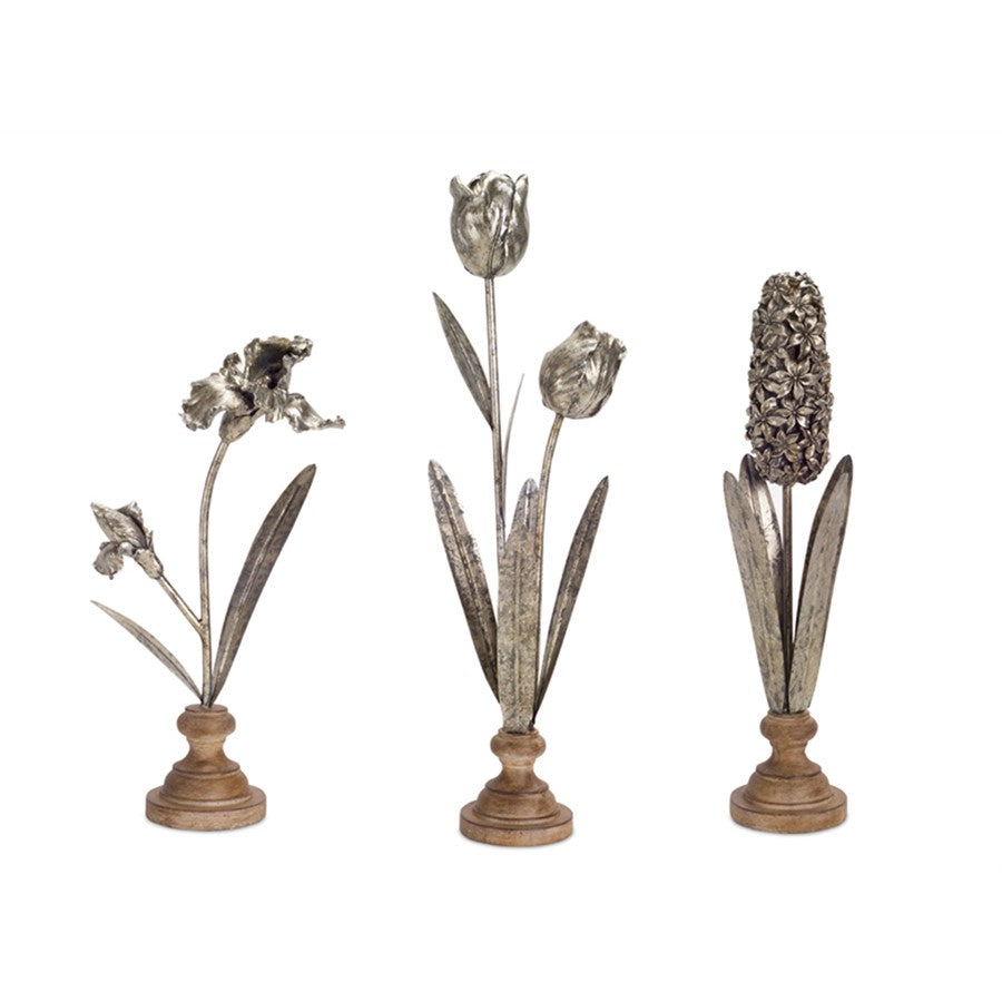 Melrose Metal Floral Stem Sculpture/Wood Style Base, Set of 3, Silver - 70349DS