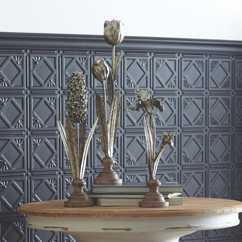 Melrose Metal Floral Stem Sculpture/Wood Style Base, Set of 3, Silver