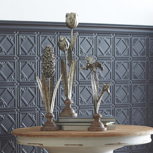 Melrose Metal Floral Stem Sculpture/Wood Style Base, Set of 3, Silver