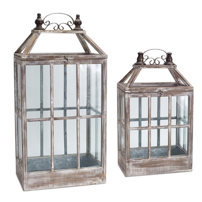 Melrose International Wood Lantern/Ornate Metal, Set of 2, Brown/White - 70491DS