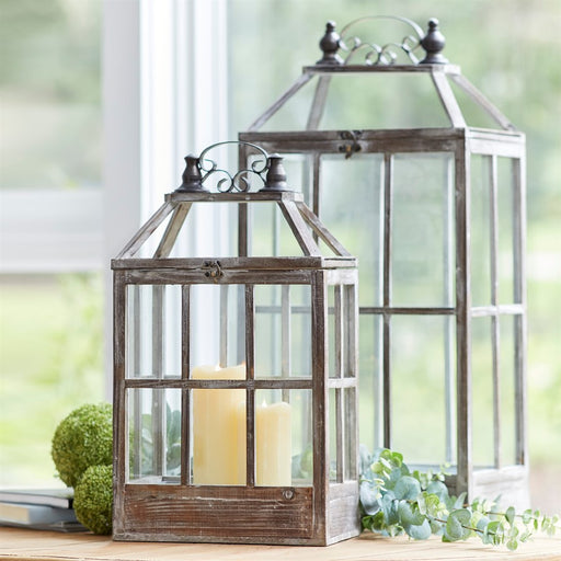 Melrose International Wood Lantern/Ornate Metal, Set of 2, Brown/White