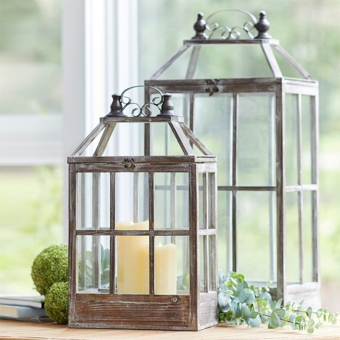 Melrose International Wood Lantern/Ornate Metal, Set of 2, Brown/White