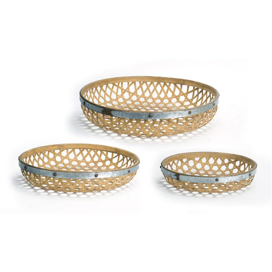 Melrose Round Woven Bamboo Tray/Galvanized Accent, Set of 3, Brown - 70709DS