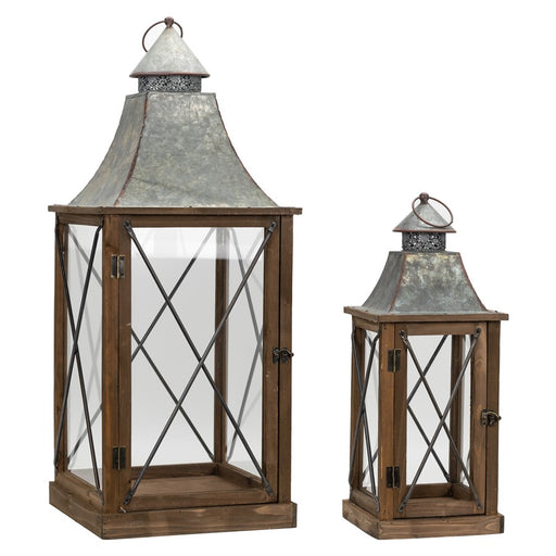 Melrose Rustic Wood Lantern/Galvanized Metal Lid, Set of 2, Brown/Grey - 72153DS