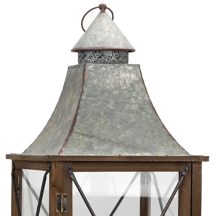 Melrose Rustic Wood Lantern/Galvanized Metal Lid, Set of 2, Brown/Grey