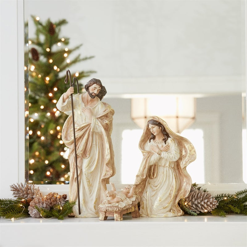 Melrose Nativity Holy Family Figurines/Gold Accents, Set of 3, White/G