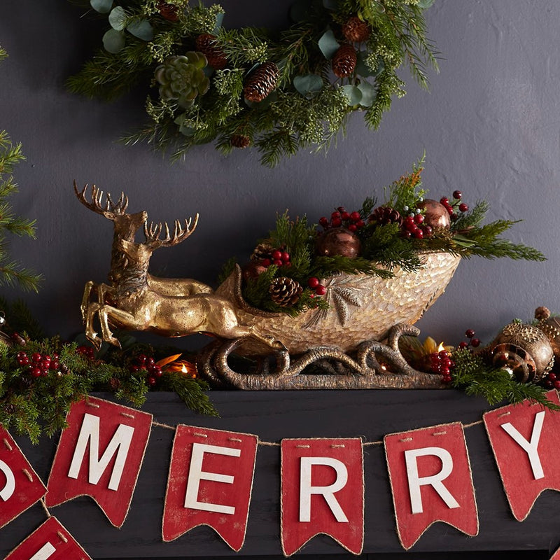 Melrose International Holiday Deer/Sleigh/Gold 25"L, Gold/Brown