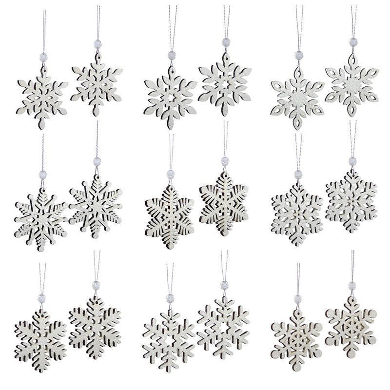 Melrose Wooden Mini Snowflake Ornament, Set of 18, Brown/White - 73044DS