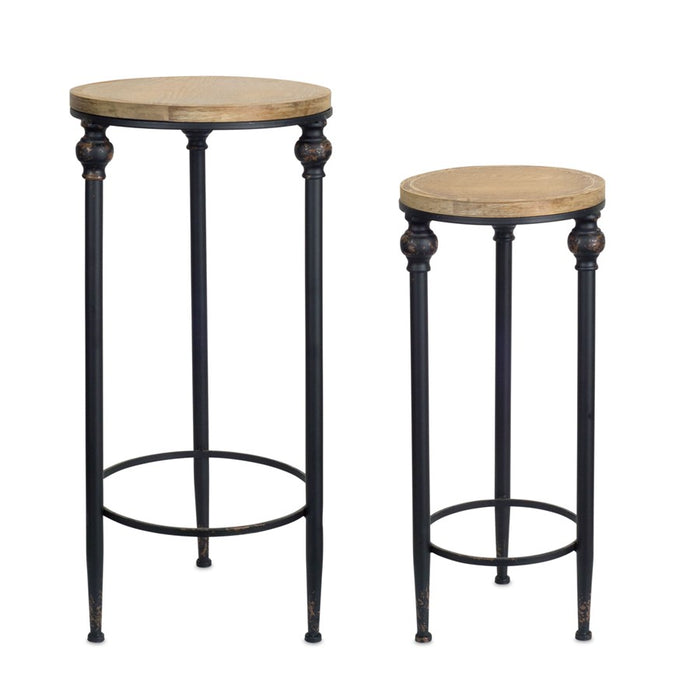 Melrose Round Wood/Metal Plant Stand Table, Set of 2, Brown/Black - 74094DS