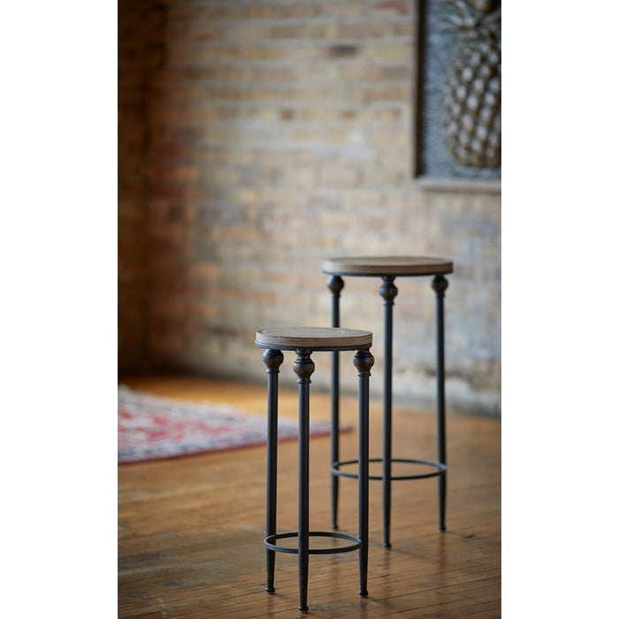 Melrose Round Wood/Metal Plant Stand Table, Set of 2, Brown/Black