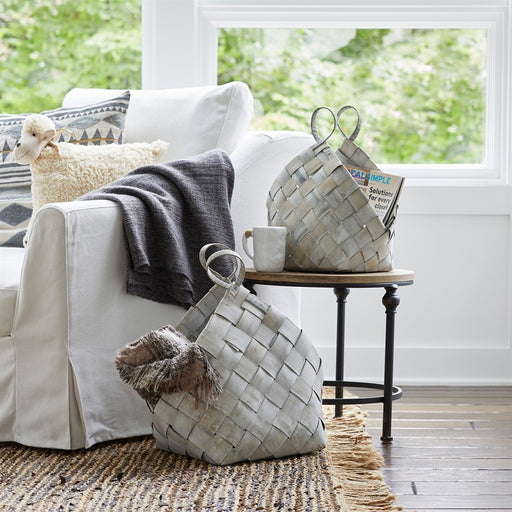 Melrose Woven Metasequoia Wood Basket/Handles, Set of 4, White/Grey