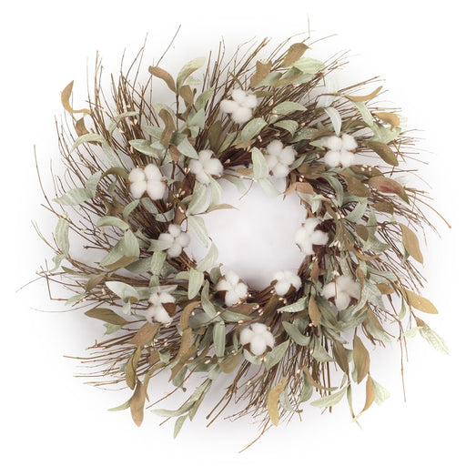 Melrose International Cotton/Leaf Twig Wreath 28"D, Green/White - 74140DS