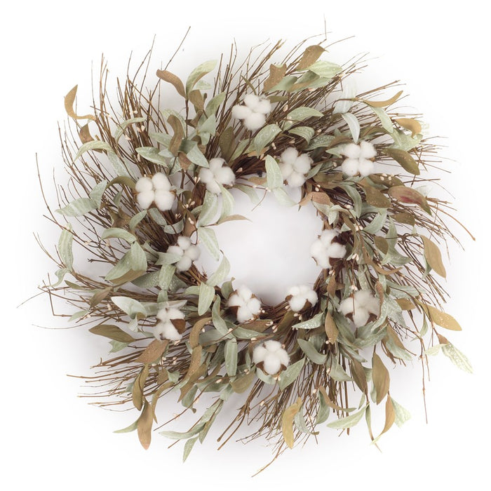 Melrose International Cotton/Leaf Twig Wreath 28"D, Green/White - 74140DS
