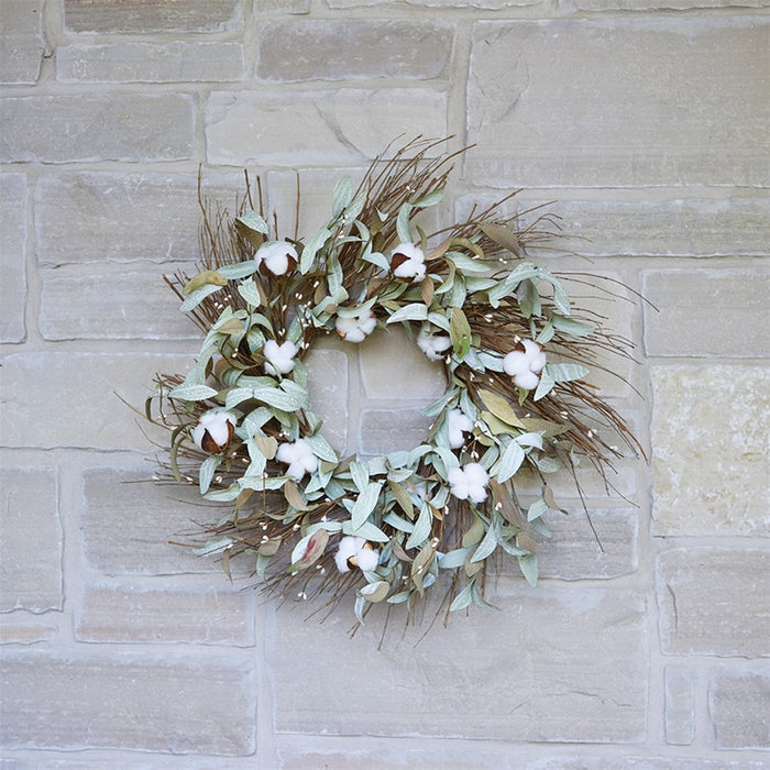Melrose International Cotton/Leaf Twig Wreath 28"D, Green/White