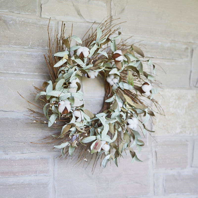 Melrose International Cotton/Leaf Twig Wreath 28"D, Green/White