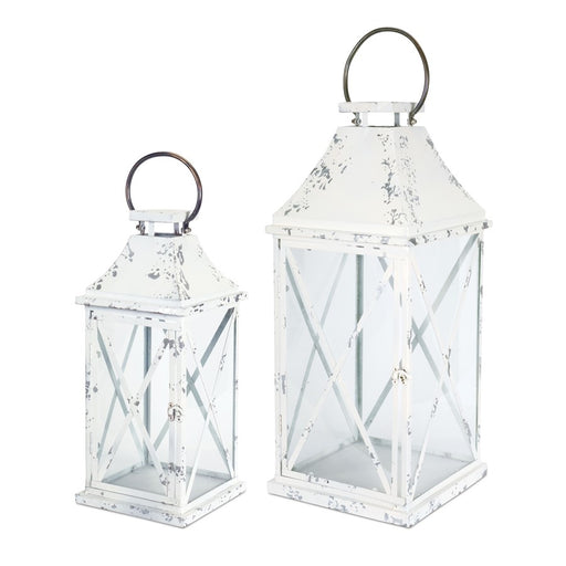 Melrose Farmhouse Distressed Metal Lantern, Set of 2, White/Silver - 74344DS