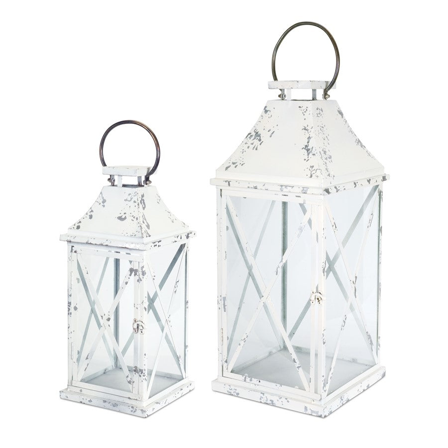 Melrose Farmhouse Distressed Metal Lantern, Set of 2, White/Silver - 74344DS