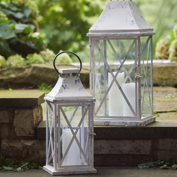 Melrose Farmhouse Distressed Metal Lantern, Set of 2, White/Silver