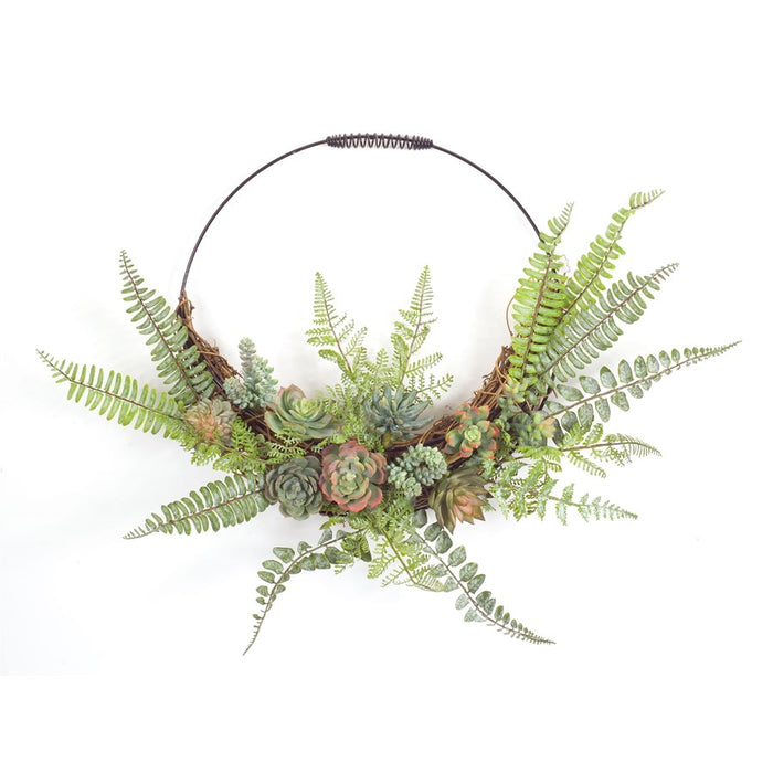 Melrose International Fern/Succulent Moss Half Werath 20"D, Green/Red - 74525DS