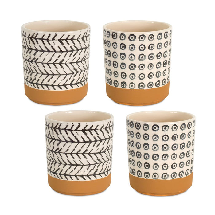 Melrose Geo Patterned Pot/Terra Cotta Accent, Set of 4, Brown/White - 74535DS