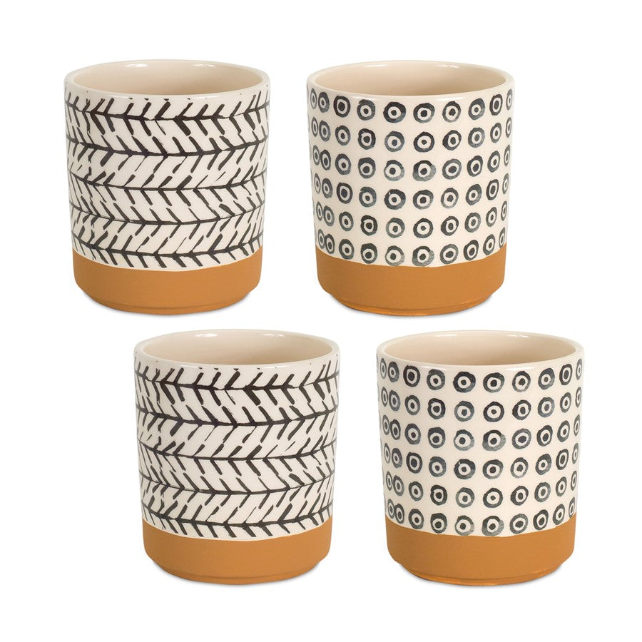 Melrose Geo Patterned Pot/Terra Cotta Accent, Set of 4, Brown/White - 74535DS