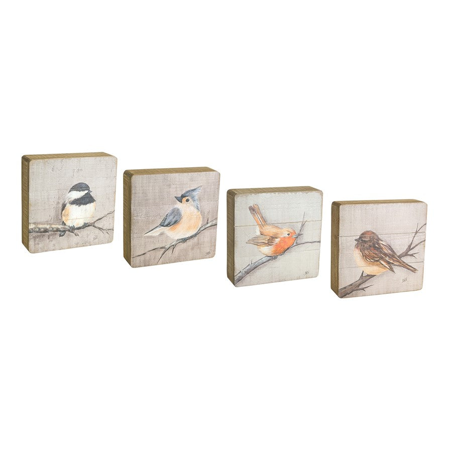 Melrose Rustic Wood Bird Plaque (Set of 4), Brown - 74579DS