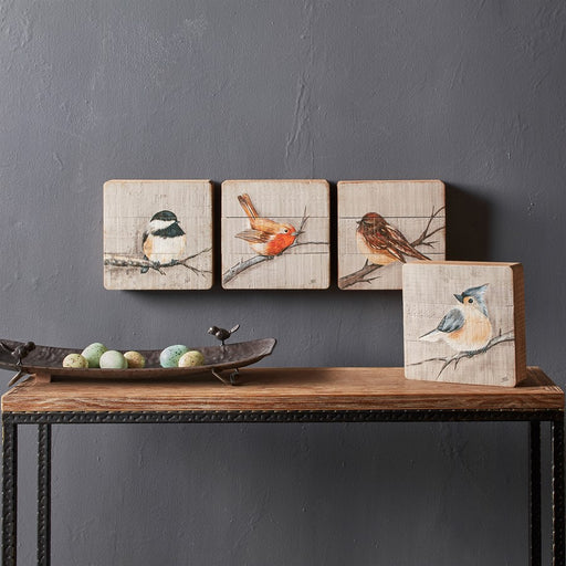Melrose Rustic Wood Bird Plaque (Set of 4), Brown