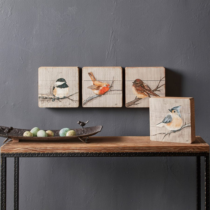 Melrose Rustic Wood Bird Plaque (Set of 4), Brown