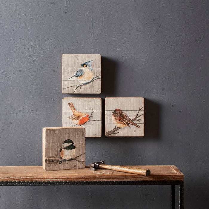 Melrose Rustic Wood Bird Plaque (Set of 4), Brown