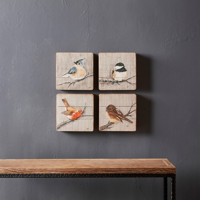 Melrose Rustic Wood Bird Plaque (Set of 4), Brown