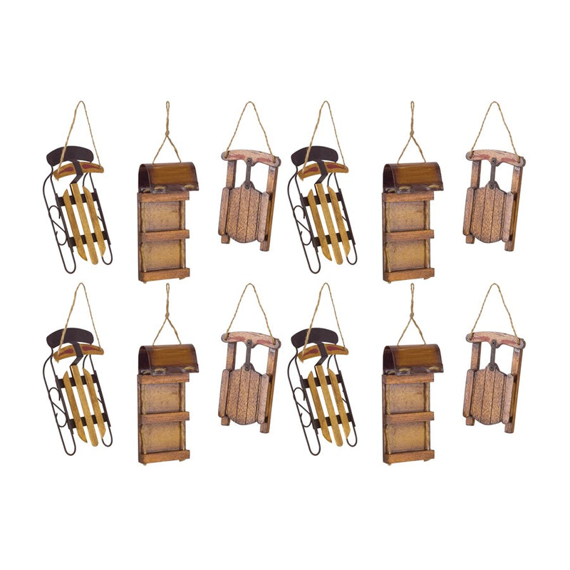 Melrose Int. Vintage Sled Tree Ornament, Set of 12, Brown - 76059DS