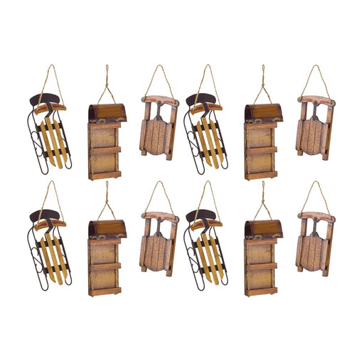 Melrose Int. Vintage Sled Tree Ornament, Set of 12, Brown - 76059DS