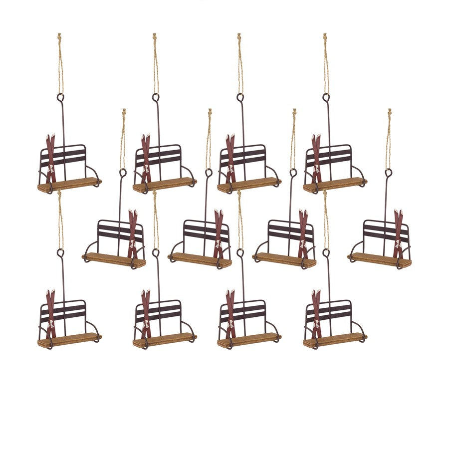 Melrose Vintage Wood Ski Chair Lift Ornament, Set of 12, Brown/Tan - 76068DS