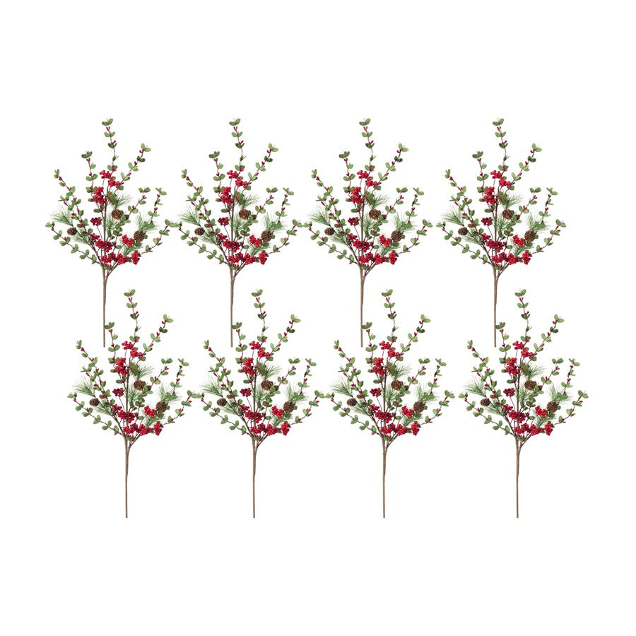 Melrose Winter Pine/Boxwood Berry Spray, Set of 8, Green/Brown - 76305DS