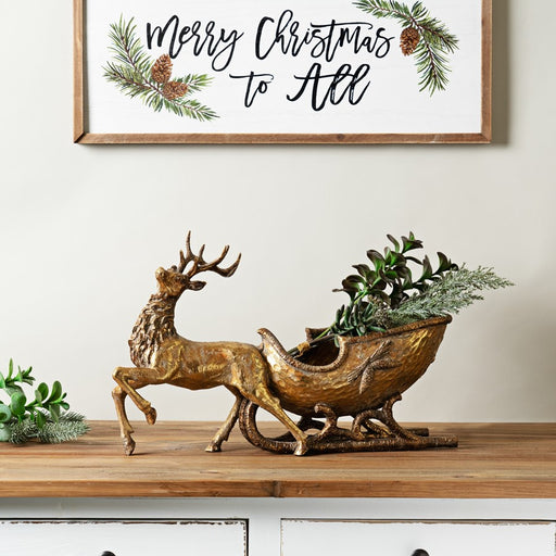Melrose Bronze Metal Deer/Sleigh Display 19"L, Copper/Gold