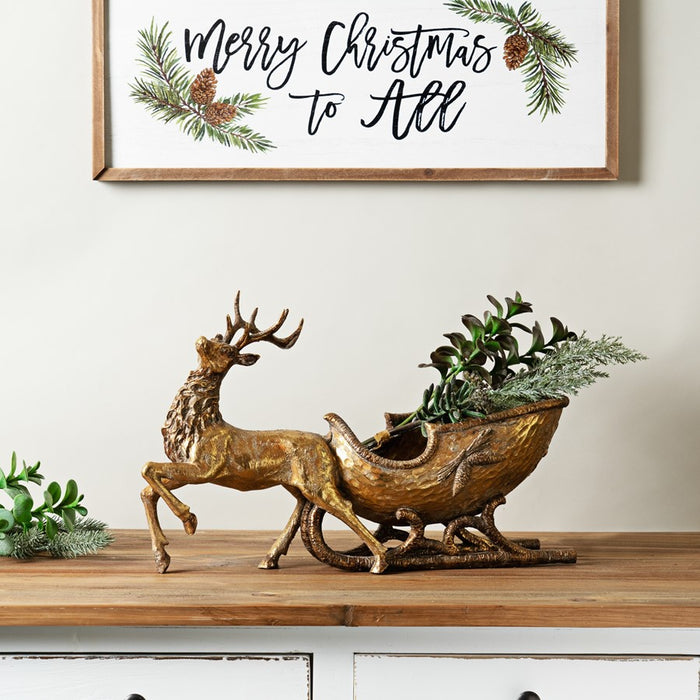 Melrose Bronze Metal Deer/Sleigh Display 19"L, Copper/Gold