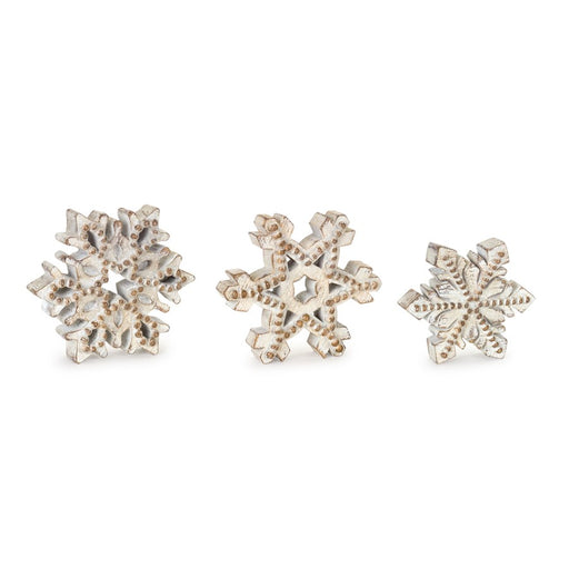 Melrose Beaded Wood Design Snowflake Decor, Set of 3, Brown/White - 76781DS